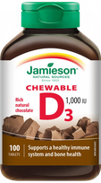 JAMIESON Vitamin D 1000 IU (25 µg) Chocolat kramtomosios tabletės, 100 vnt.