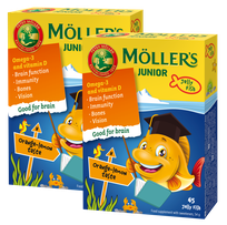 MOLLERS JUNIOR (orange-lemon flavor) (1+1) guminukai-žuvytės, 45 vnt.