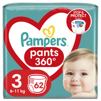 PAMPERS Pants 3, 6-11 kg sauskelnės, 62 vnt.