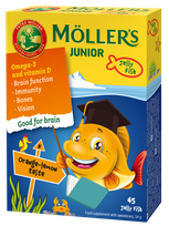 MOLLERS apelsinų–citrinų skonio žuvų taukų guminukai-žuvytės, 45 vnt.