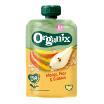 ORGANIX su mangu, kriaušėmis ir granola, 6M tyrės, 100 g