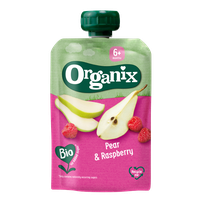 ORGANIX su kriaušėmis ir avietėmis, 6M tyrės, 100 g