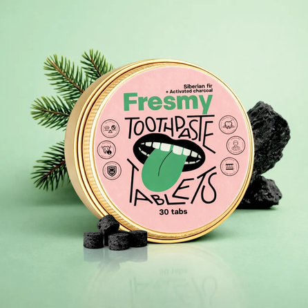 FRESMY sibirinių kėnių ir aktyvintos anglies dantų pastos tabletės, 30 vnt.