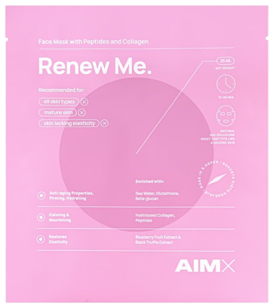 AIMX Renew Me „Anti-aging“ su peptidais ir kolagenu veido kaukė, 1 vnt.