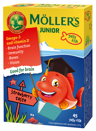 MOLLERS JUNIOR (strawberry flavor) guminukai-žuvytės, 45 vnt.