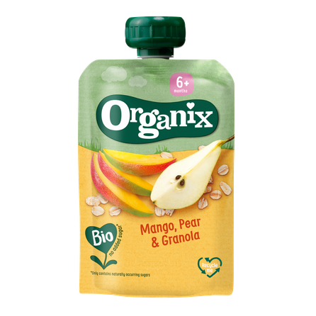 ORGANIX su mangu, kriaušėmis ir granola, 6M tyrės, 100 g
