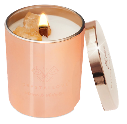 CRYSTALLOVE Citrine Soy Candle & White Tea kvepianti žvakė, 1 vnt.