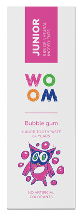 WOOM JUNIOR BUBBLE GUM kramtomosios gumos skonio nuo 6 m. dantų pasta, 50 ml