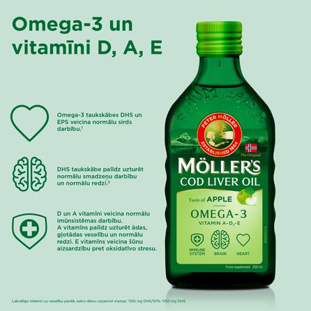 MOLLERS Cod liver Omega 3, obuolių skonio žuvų taukai, 250 ml