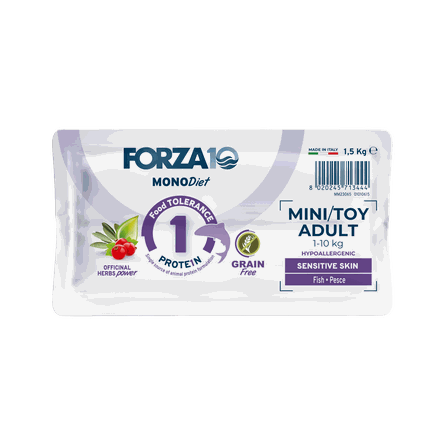 FORZA10 Monodiet Sensitive Skin Mini/Toy Adult su žuvimi, šunims sausas pašaras, 1.5 kg