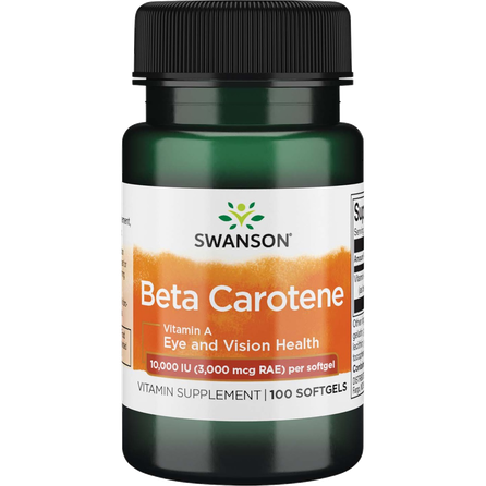 SWANSON Beta karotenas (Vitaminas A), odos, regėjimo ir imuninės sistemos palaikymui, kapsulės, 100 vnt.