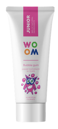 WOOM JUNIOR BUBBLE GUM kramtomosios gumos skonio nuo 6 m. dantų pasta, 50 ml