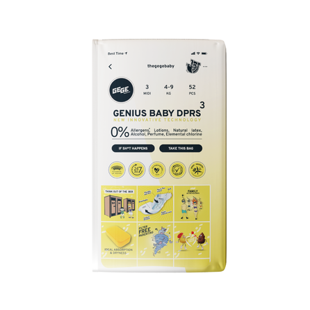 GEGE Genius Baby DPRS (4-9 kg) Midi 3 sauskelnės, 52 vnt.