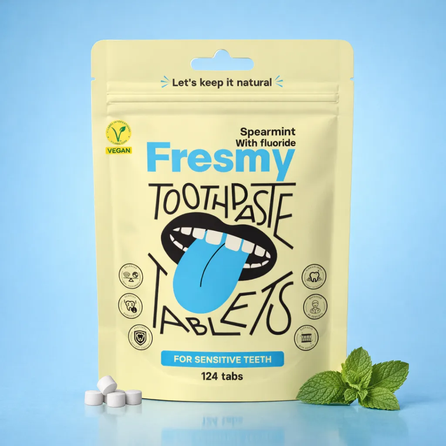 FRESMY natūralios mėtų (su fluoru) dantų pastos tabletės, 124 vnt.