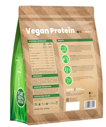 VPLAB Vegan Protein veganiškas, šokolado skonio milteliai, 500 g