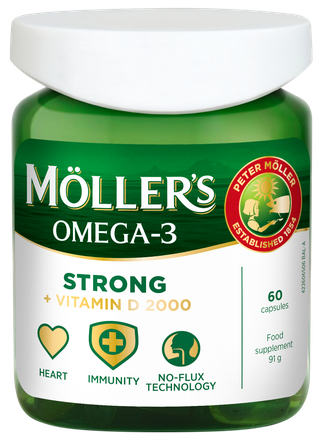 MOLLERS Strong + Vitamin D 2000 IU žuvų taukų kapsulės, 60 vnt.