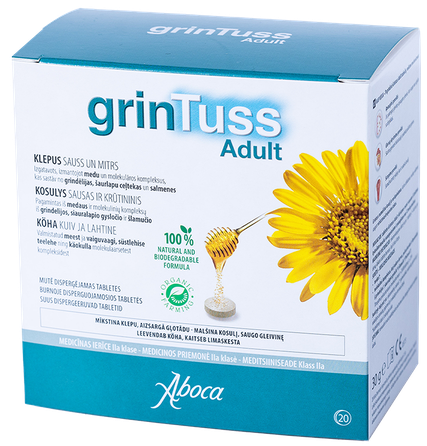 GRINTUSS sausam ir šlapiam kosuliui čiulpiamosios pastilės, 20 vnt.
