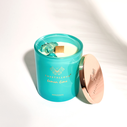 CRYSTALLOVE Amazonite Soy Candle & Lemon Lime kvepianti žvakė, 400 g