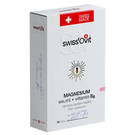 SWISS OVIT Magnesium Malate 150 mg + Vit. B6 kapsulės, 30 vnt.