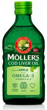 MOLLERS Cod liver Omega 3, obuolių skonio žuvų taukai, 250 ml
