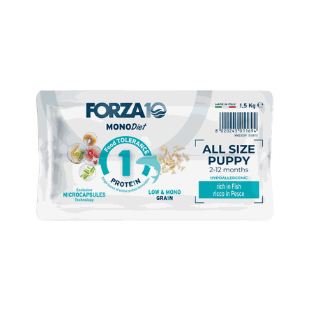 FORZA10 Monodiet All Size Puppy su žuvimi, šuniukams sausas pašaras, 1.5 kg