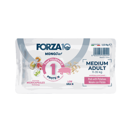 FORZA10 MonoDiet Medium Adult, su kiauliena ir bulvėmis, šunims sausas pašaras, 1.5 kg