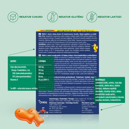 MOLLERS Junior vaisių skonio, žuvų taukų guminukai-žuvytės, 45 vnt.