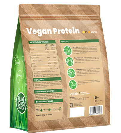 VPLAB Vegan Protein Vanilla veganiškas proteinas milteliai, 500 g