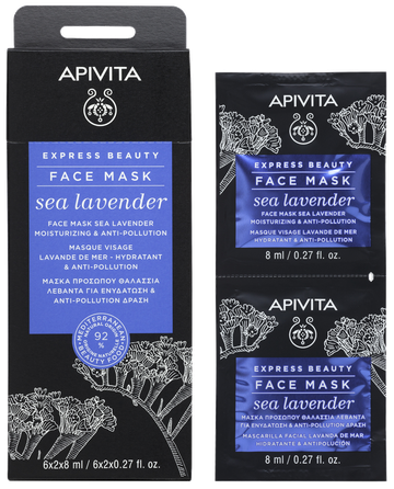 APIVITA Express Beauty Moisturizing & Anti-pollution With Sea Lavender (8 ml) veido kaukė, 2 vnt.