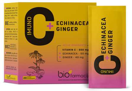 BIOFARMACIJA Imuno C+Echinacea+Ginger, imunitetui ir kvėpavimo takams milteliai, 20 vnt.