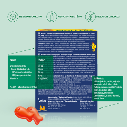 MOLLERS Junior braškių–aviečių skonio, žuvų taukų guminukai-žuvytės, 45 vnt.
