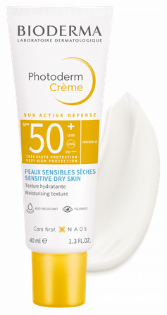 BIODERMA Photoderm Crème SPF 50+ į raudonį linkusiai odai su išsiplėtusiais kapiliarais, apsauginis kremas nuo saulės, 40 ml
