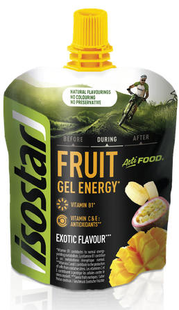 ISOSTAR Actifood egzotinių vaisių skonio gelis, 90 g