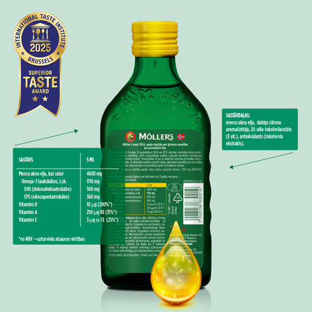 MOLLERS Omega 3, citrinų skonio  žuvų taukai, 250 ml
