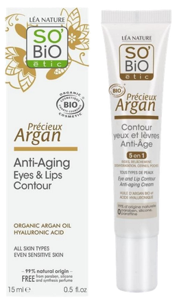 SO BIO ETIC Argan Anti-Aging Eyes & Lips akių ir lūpų kremas, 15 ml