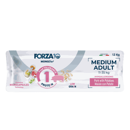 FORZA10 MonoDiet Medium Adult, su kiauliena ir bulvėmis sausas pašaras, 12 kg