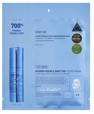 VT COSMETICS Hydrop Reedle Shot 700hL 2-Step, intensyviai drėkinanti lakštinė veido kaukė, 1 vnt.