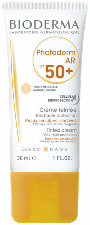 BIODERMA Photoderm AR SPF 50+ į raudonį linkusiai odai su išsiplėtusiais kapiliarais, apsauginis kremas nuo saulės, 30 ml