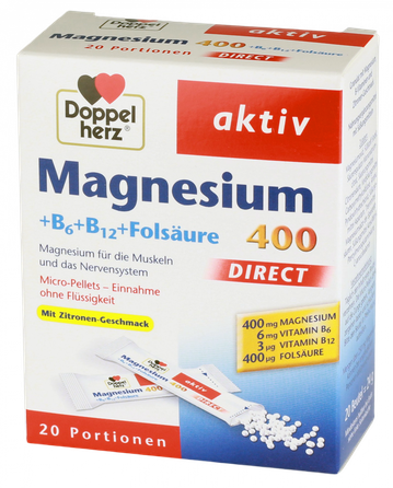 DOPPELHERZ Aktiv Magnesium 400 + B6 + B12 + Folsäure Direct paketėliai, 20 vnt.