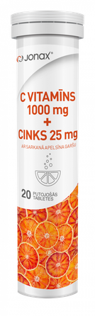 JONAX C VITAMINAS 1000 mg + CINKAS 25 mg šnypščiosios tabletės, 20 vnt.