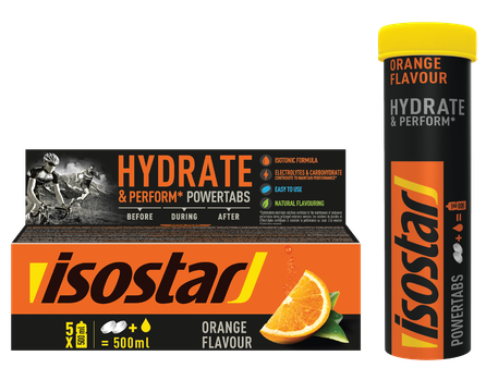 ISOSTAR Hydrate & Perform Powertabs apelsinų skonio šnypščiosios tabletės, 10 vnt.