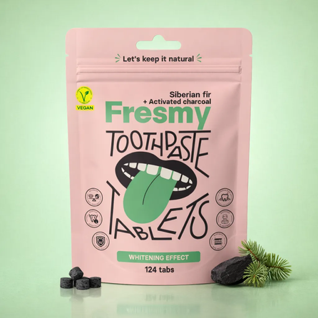 FRESMY  sibirinių kėnių ir aktyvintos anglies dantų pastos tabletės, 124 vnt.