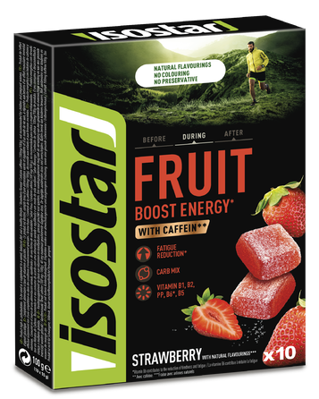ISOSTAR Energy Fruit Boost braškių skonio guminukai, 10 vnt.