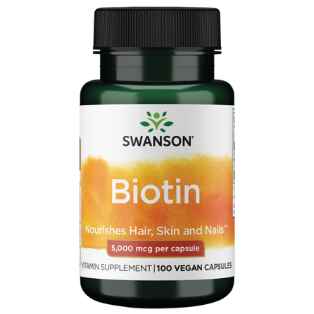 SWANSON Biotinas 5000 Mcg, plaukų, odos ir nagų būklei palaikyti, kapsulės, 100 vnt.