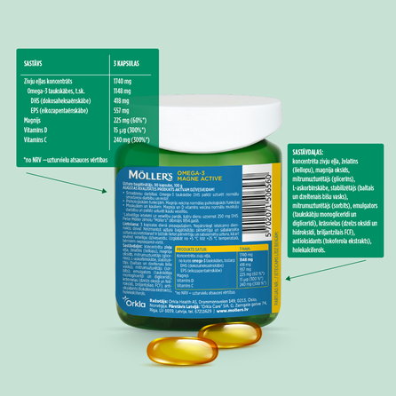 MOLLERS Omega-3 Magne Active kapsulės, 90 vnt.
