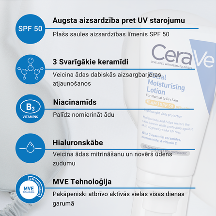 CERAVE Moisturising SPF 50 veido kremas, 52 ml