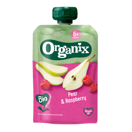 ORGANIX su kriaušėmis ir avietėmis, 6M tyrės, 100 g