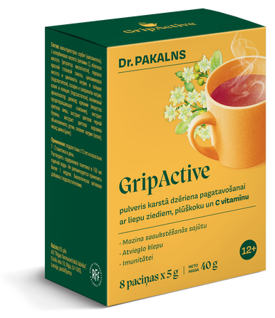DR. PAKALNS Gripactive su liepų žiedais, šeivamedžiu ir vitaminu C paketėliai, 8 vnt.