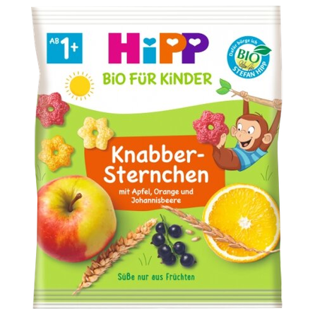 HIPP Organic Crispy Stars Apple, Orange, Blackcurrant užkandis, 30 g