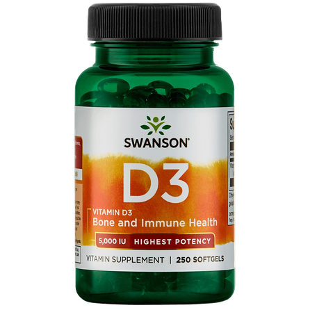 SWANSON Vitaminas D3 5000TV su linų sėmenų aliejumi kapsulės, 250 vnt.